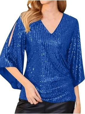 NEW DESIGN: NWT Royal Blue Sequin 3/4 Sleeve Shirt - Size Large